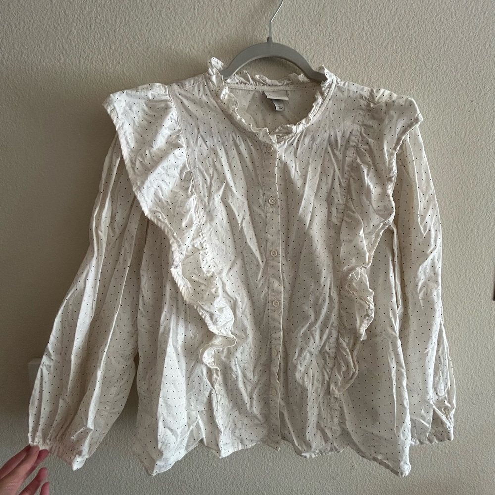 White Polka Dot Ruffled Button Up Blouse Women’s size Large